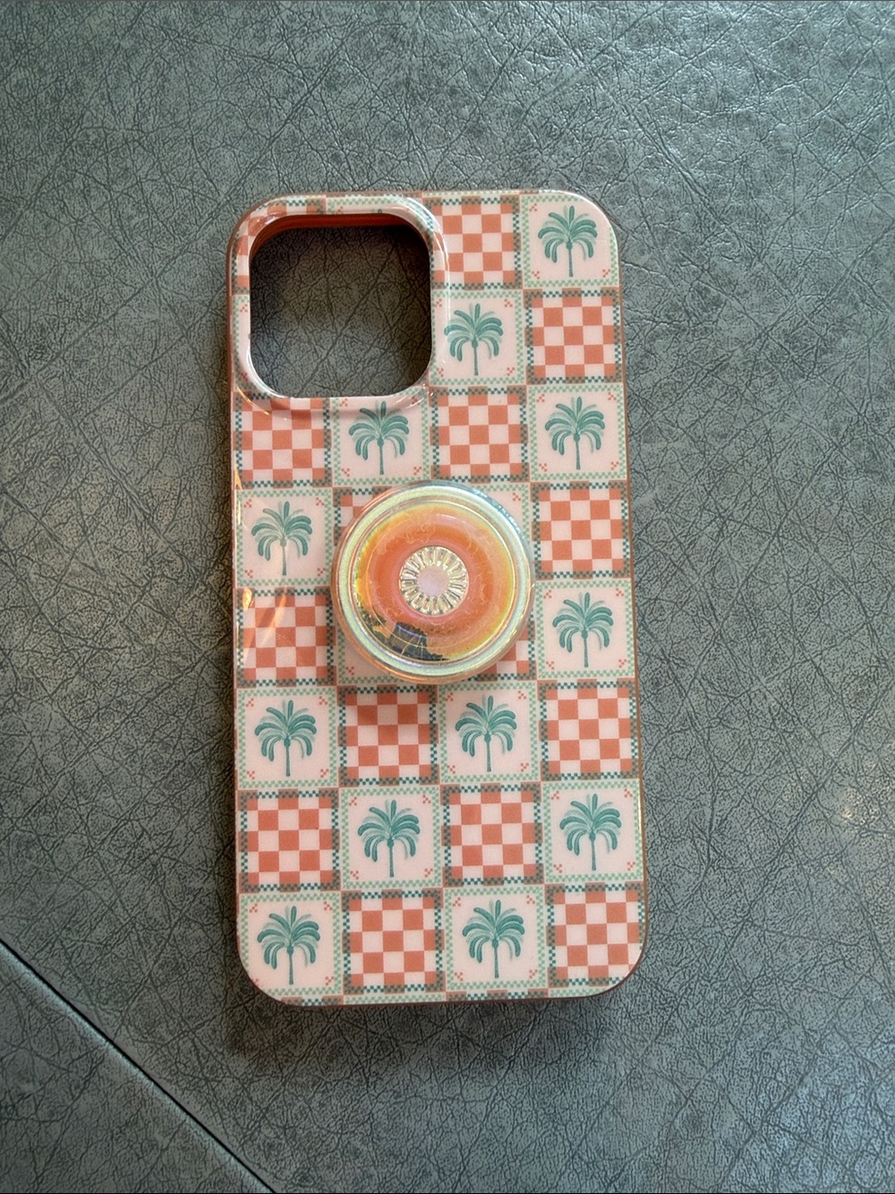 Pink Palm Checkered Phone Case with Rose-Gold Pop Socket